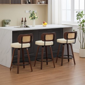 Set of 3 Counter Height Bar Stools, 26-Inch Rattan Back Swivel Stools with Upholstered Seat, Wood Frame for Kitchen Island, Counter, Bar - 1 of 4
