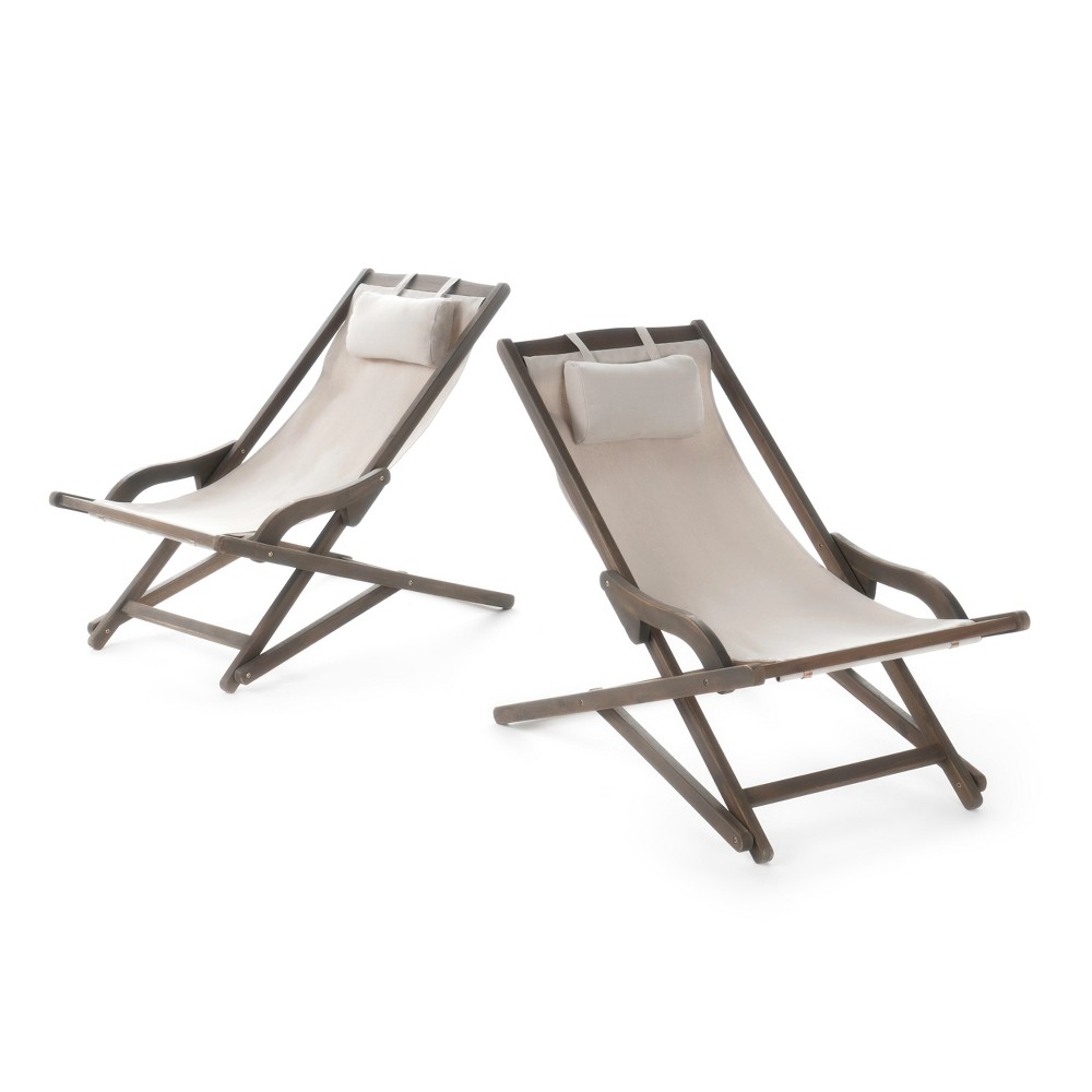 Photos - Garden Furniture Nikki Set of 2 Wood and Canvas Sling Chair - Beige - Christopher Knight Ho