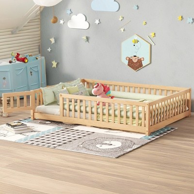 ROOMTEC Floor Bedframe w/Safety Guardrails and Door,Wood Bed with Removed Slats for Kids