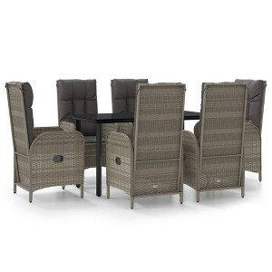 vidaXL 7 Piece Patio Dining Set with Cushions - Black & Gray Poly Rattan Reclining Chairs, Tempered Glass Table - 1 of 4