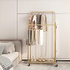 Simple Trending Double Rod Clothes Garment Rack, Heavy Duty Clothing Rolling Rack on Wheels for Hanging Clothes,with 4 Hooks, Gold - 2 of 4