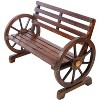 Dracelo Double wooden wagon wheel bench, rustic design with slatted seat and backrest - brown - 3 of 4