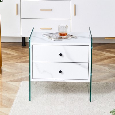Syemin End Tables, Modern Accent Table with 2 Drawers Coffee Table with Glass Leg for Living Room, Bedroom, White, 17.7"*15.5"*19"