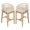 Indoor Wood Barstool Set with Rope Backrest, Teak Finish Barstool with Cushion, Set of 2 Barstools for Kitchen or Dining Room-Koiai - 3 of 4