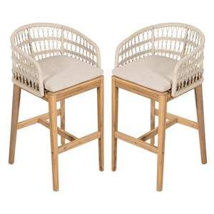 Acacia Wood Bar Stools Set of 2 with Rope Woven Back,Bar Stools with Cushions for Kitchen Island,Modern Bar Stools with Natural Finish-Koiai - 1 of 4