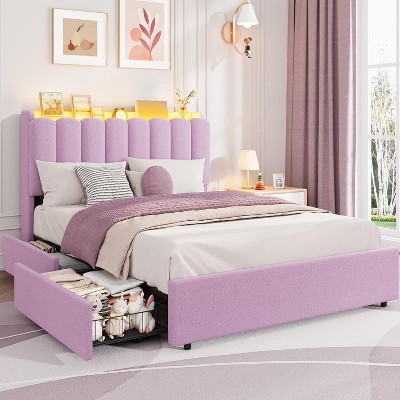 GAOMON Bed Frame with Storage Headboard, Kids Bed Frame with 2 Drawers, Boucle Upholstered Platform Bed for Girls