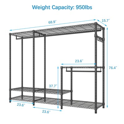 Black Metal Adjustable Large Wardrobe Closet with Shelves