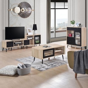 Kings Brand Furniture Nathan 3-Piece Living Room Set with TV Stand, Coffee Table & Sideboard Cabinet, Modern Farmhouse Style, Oak/Black - 1 of 4
