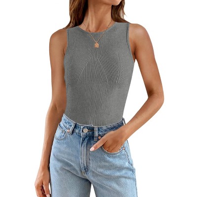 Summer Pullover Sweater Knit Tops Rib Knit Tank Tops Causal Sleeveless Tops Round Neck Slim Fit Knitwear Pullover Sweater Tank Tops