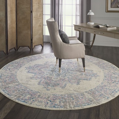 Elegant Medallion Hand-Knotted Round Rug in Ivory and Pink