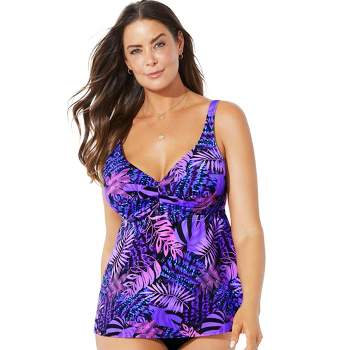 Swimsuits For All Women's Plus Size Bra Sized Faux Flyaway Underwire  Tankini Top 46 G Blue Palms Multicolored