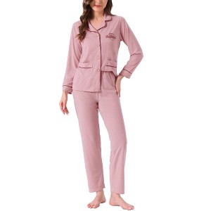 INSPIRE CHIC Women's Lounge Set Cotton Ribbed Button Up Long Sleeve Pants Pattern with Pocket Pajama Set Loungewear - 1 of 4