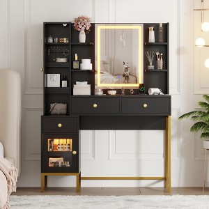 Makeup Vanity with Lights, Vanity Desk with Stool, Modern Dressing Table with Charging Station, 3 Drawers, Cabinet Open Shelves for Bedroom - 1 of 4