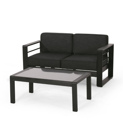 2pc Maya Bay Patio Aluminum Loveseat & Coffee Table Set - Black/Gray - Christopher Knight Home