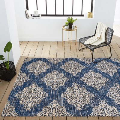 Navy/Beige Medallion 4'x6' Reversible Indoor/Outdoor Rug