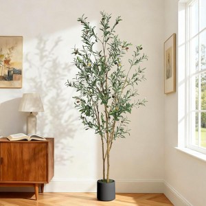 Olive Trees Artificial Indoor,Faux Olive Tree with Planter & Green Fake Moss, Artificial Plants with Natural Wood Trunk & Lifelike Fruits - 1 of 4