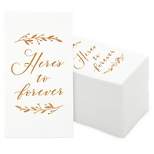 Sparkle and Bash 100 Pack White Napkins for Wedding Reception with Rose Gold Foil Accents, Here's To Forever, 3-Ply, 4 x 8 In