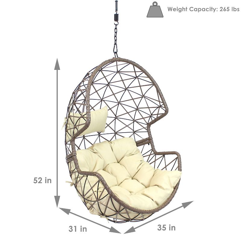 Sunnydaze Outdoor Resin Wicker Patio Lorelei Hanging Basket Egg Chair Swing with Cushions and Headrest - Beige - 2pc, 3 of 8