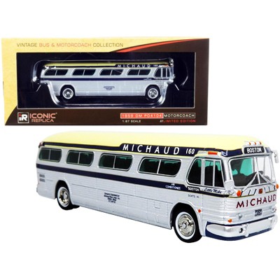 1959 GM PD4104 Bus "Boston" "Michaud Lines" Silver & Cream with Dark Blue Stripes 1/87 (HO) Diecast Model by Iconic Replicas