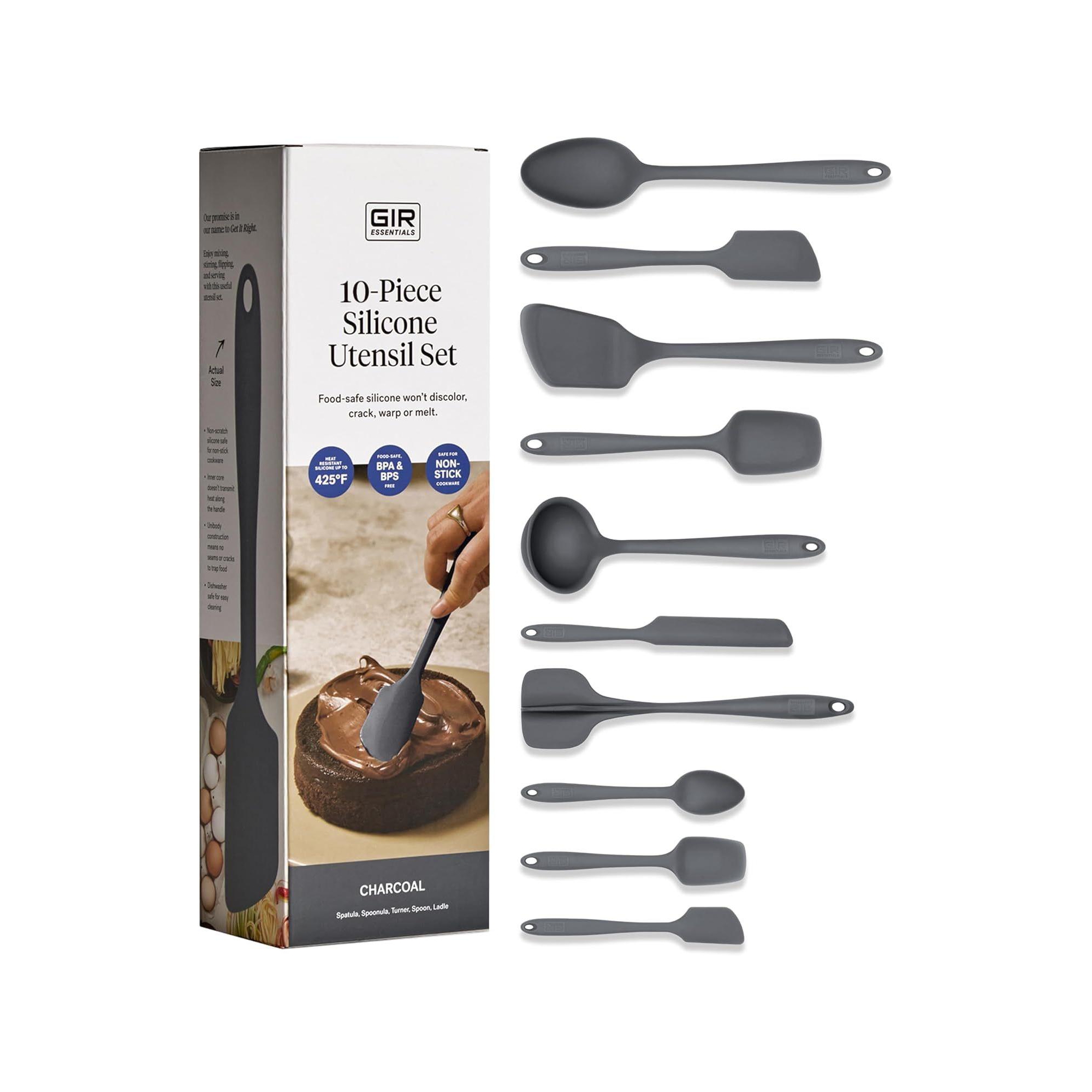 GIR Get It Right 10 Piece Essentials Silicone Cooking Utensils Set Nonstick 425°F Heat Resistant Kitchen Utensils Set for Cooking and Baking Charcoal