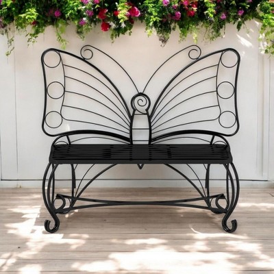 Alilang 50.40 inches Metal Butterfly Garden Bench with Decorative Scrollwork Design-Black