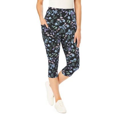 Woman Within Stretch-Cotton Knit Pull-On Printed Pocket Capri Leggings