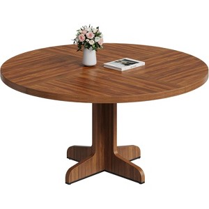 47 in Round Dining Table for 4, Farmhouse Circle Dinning Room Kitchen Table with Wood Tabletop and Stable Base, Walnut - 1 of 4