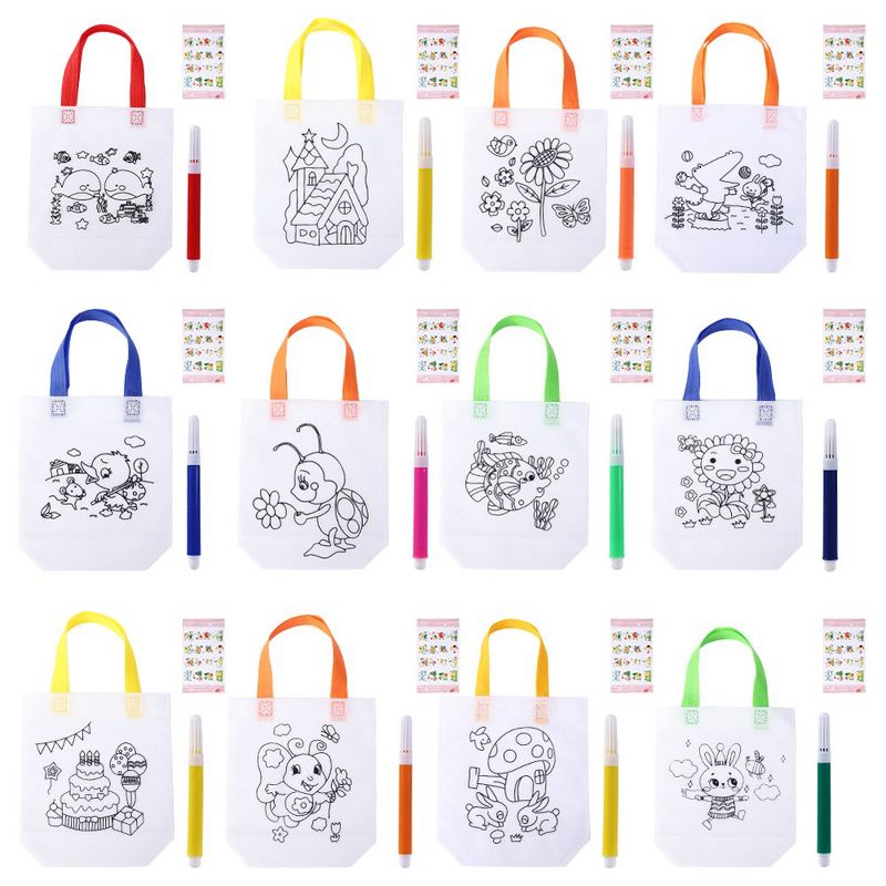 12 Pcs Return Gift Bags for Kids Birthday Reusable Party Goodie Bags with 12 Packs Pattern and Markers for Coloring Your Own Bag, 1 of 8