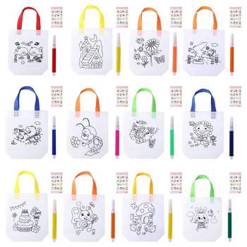 12 Pcs Return Gift Bags for Kids Birthday Reusable Party Goodie Bags with 12 Packs Pattern and Markers for Coloring Your Own Bag