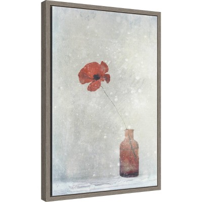 Winter Poppy Red and Gray Framed Canvas Print