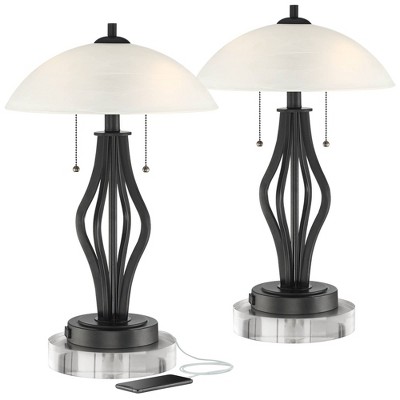 360 Lighting Heather Glass Shade Table Lamps With USB and 8" Round Risers