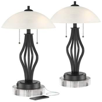 360 Lighting Heather Modern Accent Table Lamps Set of 2 with Round Risers 22 1/2" High Iron USB and AC Power Outlet in Base Off White Glass for Desk
