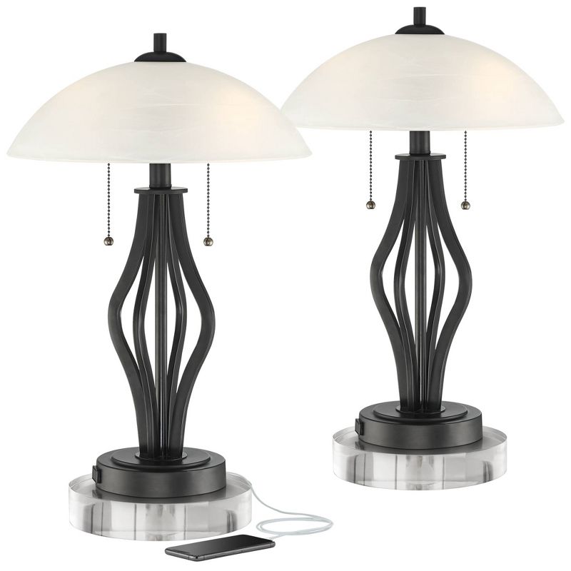 360 Lighting Heather Modern Accent Table Lamps Set of 2 with Round Risers 22 1/2" High Iron USB and AC Power Outlet in Base Off White Glass for Desk, 1 of 6