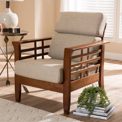 Beige Barrel Accent Chair with Cherry Wood Frame