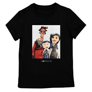 Coraline with Other Mother and Other Father, Movie Title Text, on Black Girls T-Shirt - 1 of 2
