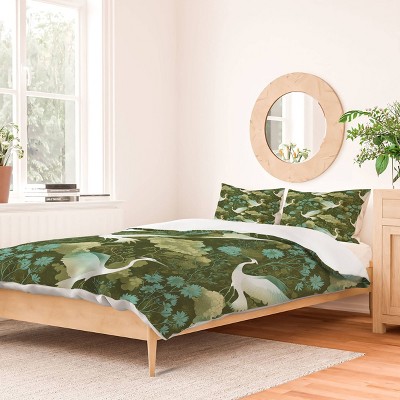 Deny Designs Caroline Okun A Mid Summer Night Crane Queen/Full Duvet and Sham Set (2-3pc Set)