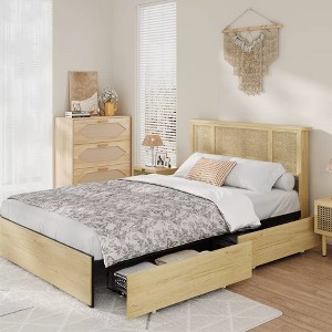 Full Bed Frame with Natural Rattan Headboard and 4 Drawers,Sturdy Wooden Slats - 1 of 4