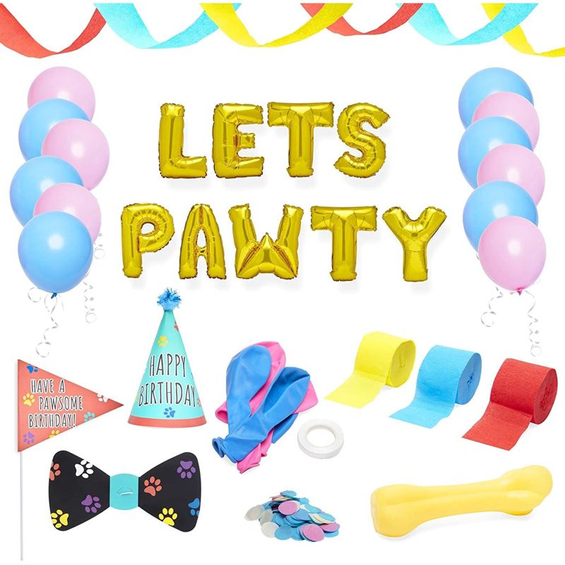 Blue Panda 25-Piece Lets Pawty Dog Puppy Birthday Party Decorations Supplies - Streamer, Balloon, Bow Tie, Hat, 1 of 4