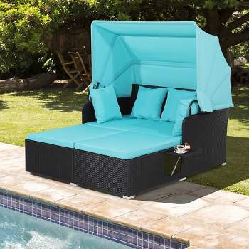 Tangkula Patio Hand-Woven PE Wicker Daybed Outdoor Loveseat Sofa Set w/ Turquoise Cushions