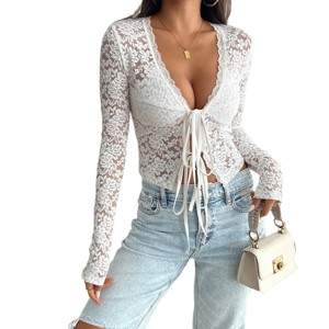Lace Tops for Women Waist Cropped Long Sleeve Lace Blouse Deep V Neck White Lace Shirts with Front Tie Mesh Blouse - 1 of 4