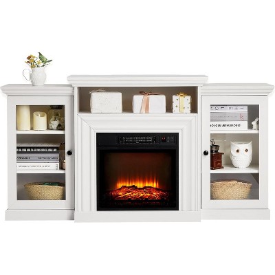 60 Inch Entertainment Center, Farmhouse TV Cabinet with 2 Glass Door, Console Table for Living Room, White