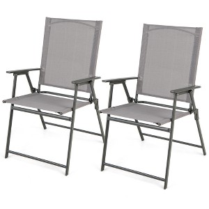 Tangkula 2PCS Folding Portable Dining Chairs Metal Frame Armrests Outdoor Patio Grey - 1 of 4