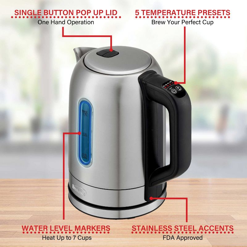 Brentwood 1,500-Watt 1.79-Qt. Cordless Digital Stainless Steel Kettle with 5 Temperature Presets and Swivel Base, 4 of 11