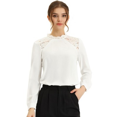 Allegra K Women's Lace Trim Crew Neck Long Sleeve Elegant Blouse