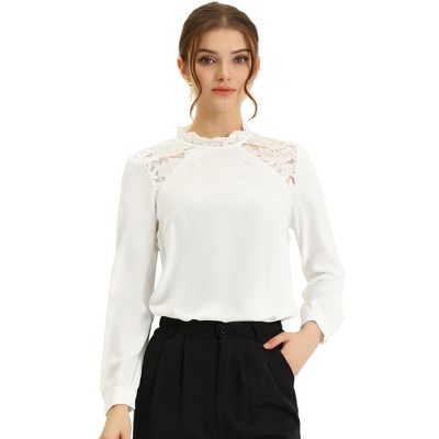 Allegra K Women's Lace Trim Crew Neck Long Sleeve Elegant Blouse : Target