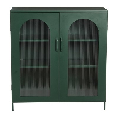 Dark Green Metal Cabinet with Adjustable Shelves and Arched Glass Doors