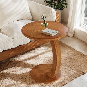Resenkos Sofa Side End Table, End Table, Couch Table,C-Shaped End Table, Round Solid Wood Side Table for Living Room,Brown - 1 of 4