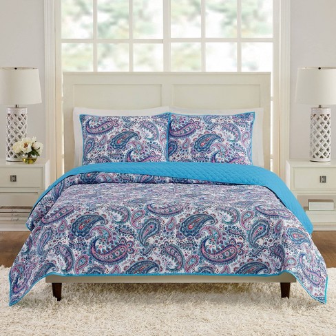 teal and purple bedding