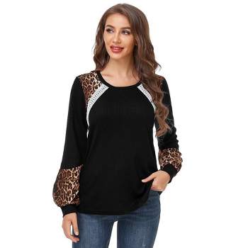 Women's Long Sleeve Leopard Print Tunic Tops Casual Color Block Blouse Loose T Shirt