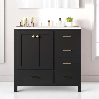 Mshliw 36 Inch Bathroom Vanity with Ceramic Sink, Freestanding Storage Cabinet with 4 Drawers and Soft Close Doors